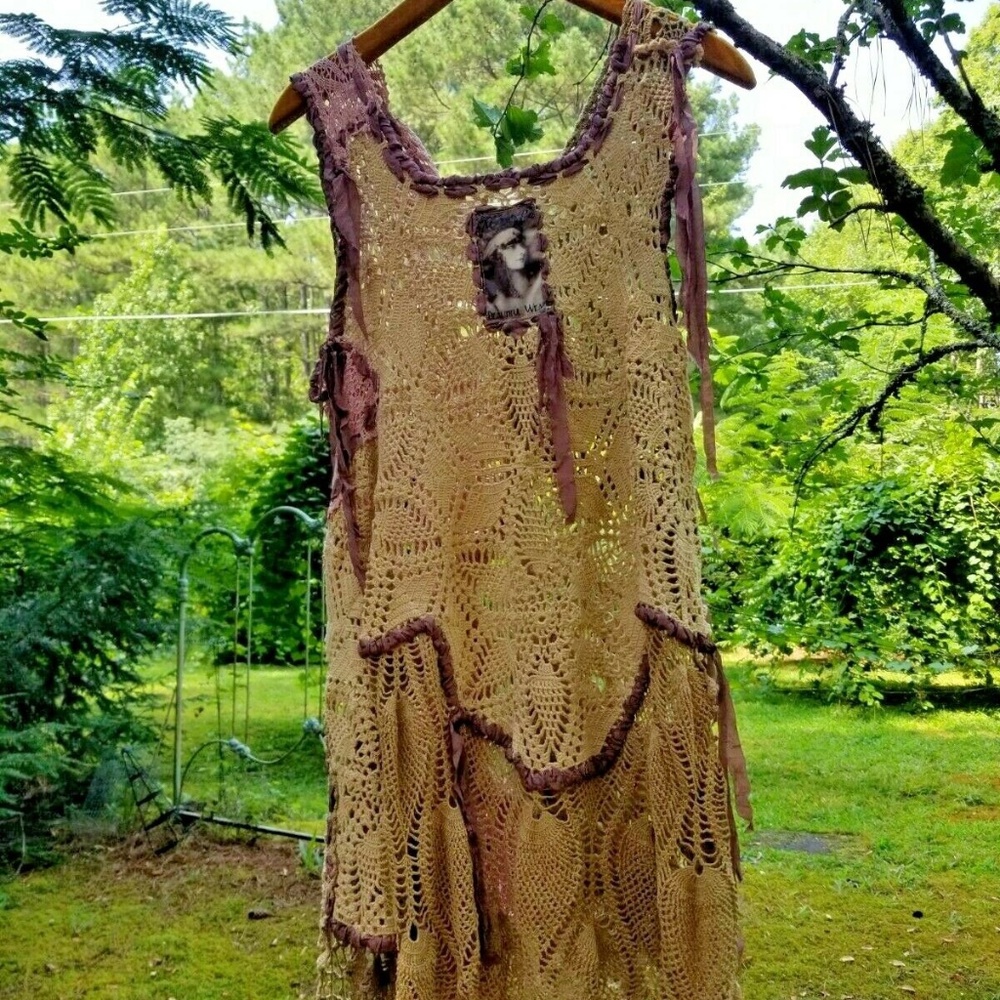 MAGNOLIA PEARL Pink Moss Beige Crochet Tunic Ribbons LOOKS LIKE A FAIRY DRESS!